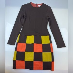 Hannah Hardy Brown 100% Wool Crewneck Checkered Skirt Dress N251-11